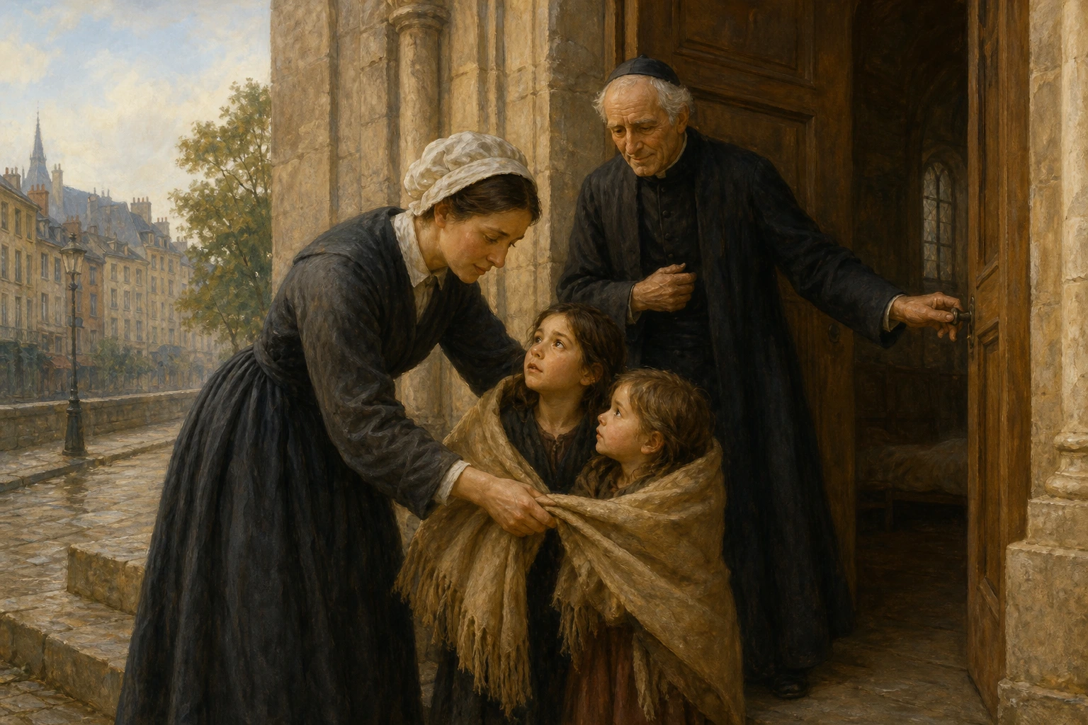 Santa Claudina Thévenet cubre con un chal a dos niñas abandonadas y les abre una casa de acogida.