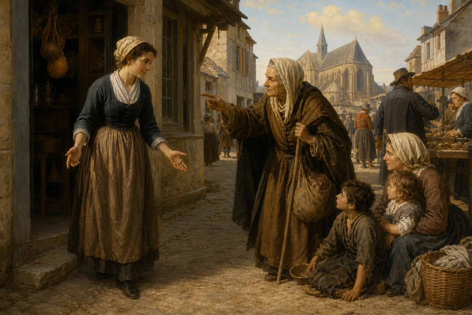 Juana Delanoue escucha a una anciana peregrina que le muestra a una familia necesitada junto a su comercio.