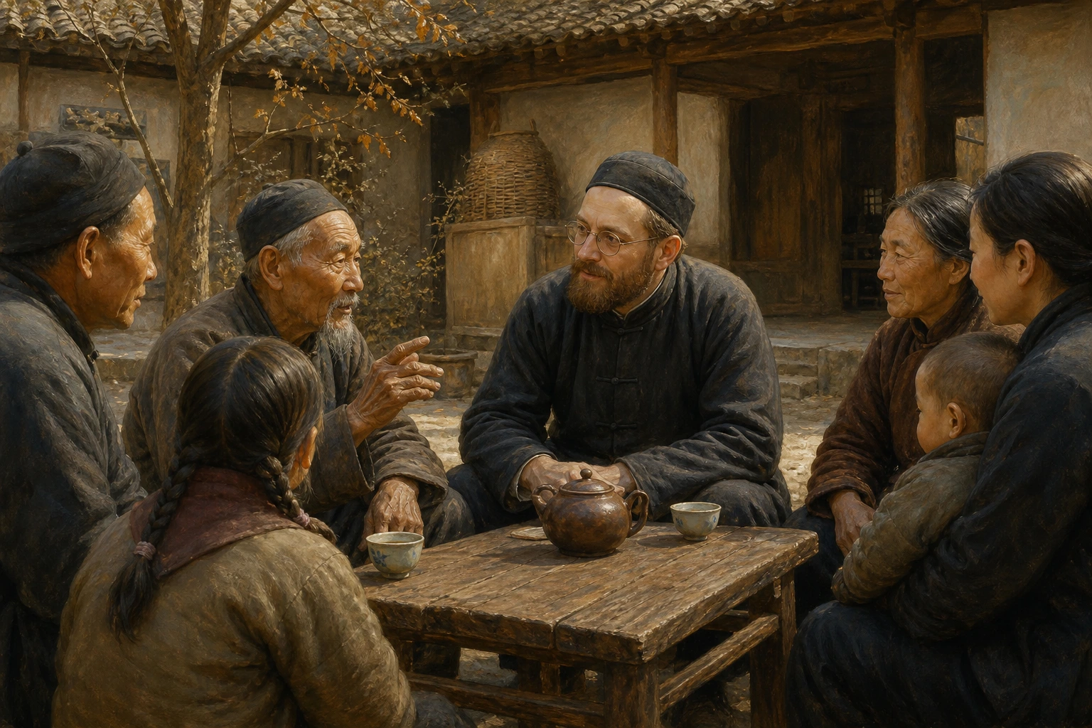 José Freinademetz comparte té y escucha a varias familias chinas en el patio de una casa rural de Shandong.