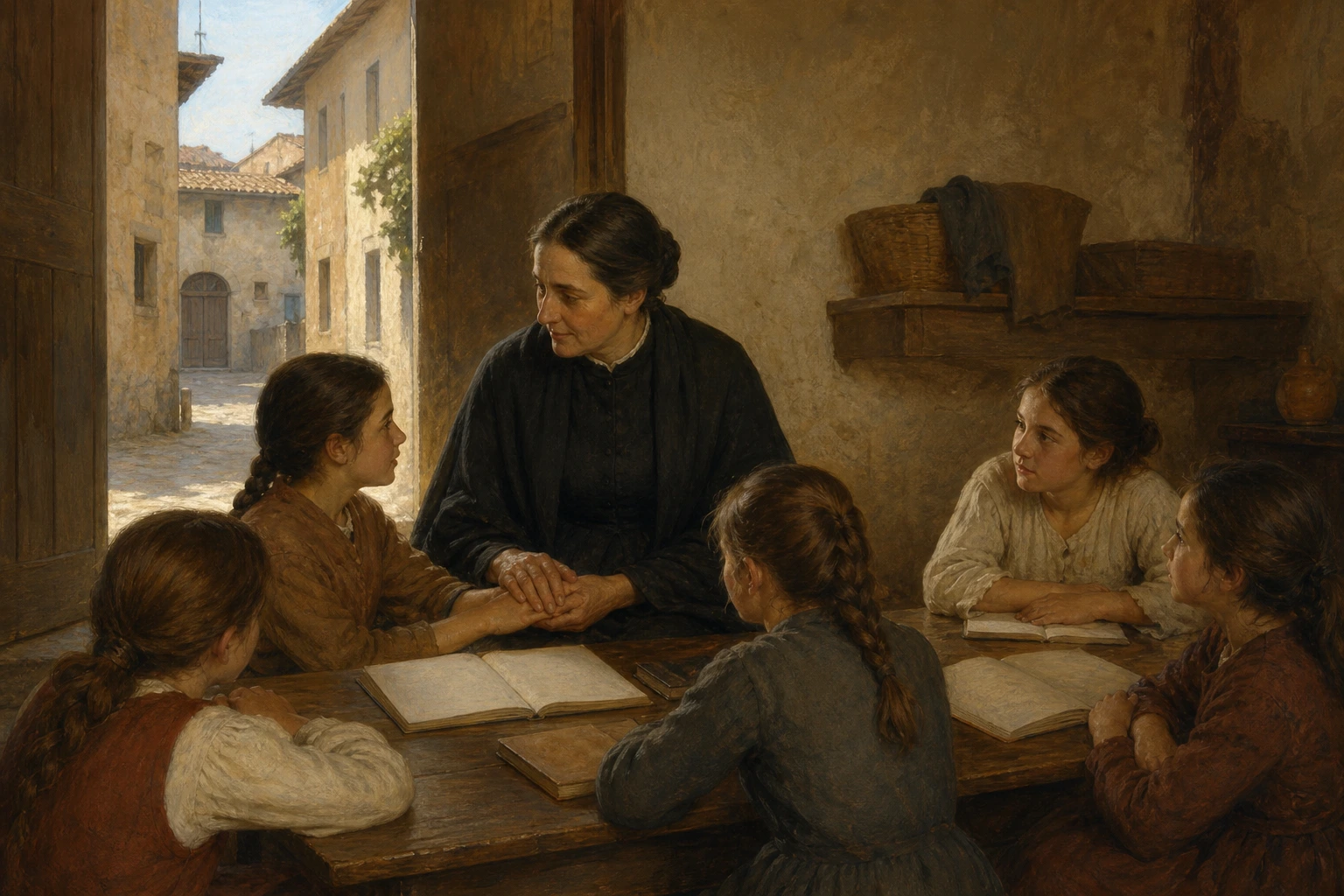 Magdalena de Canossa sostiene la mano de una niña durante una lección en una casa humilde de San Zeno.