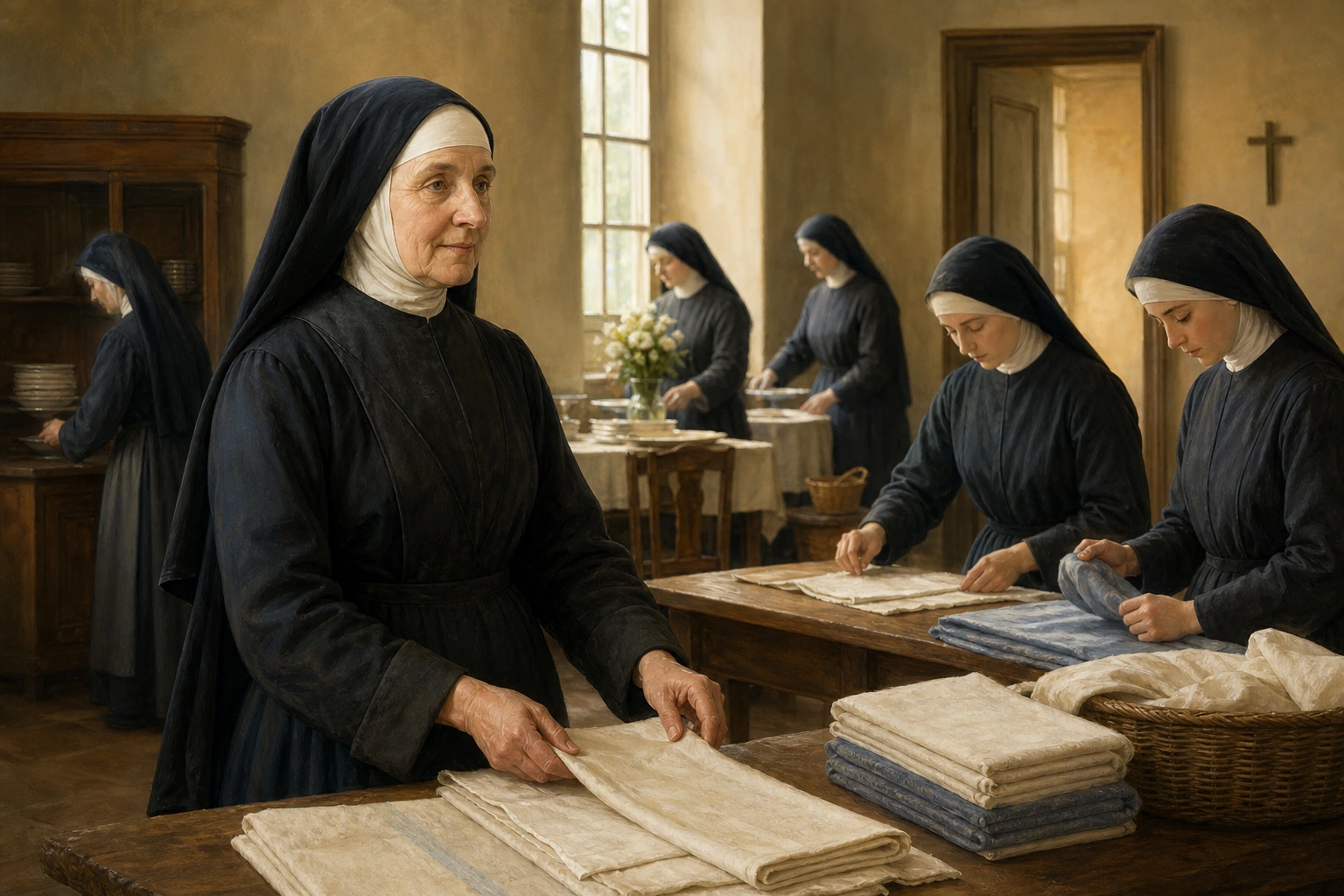 Santa Teresa Couderc dobla ropa en silencio mientras otras religiosas continúan la obra común del Cenáculo.