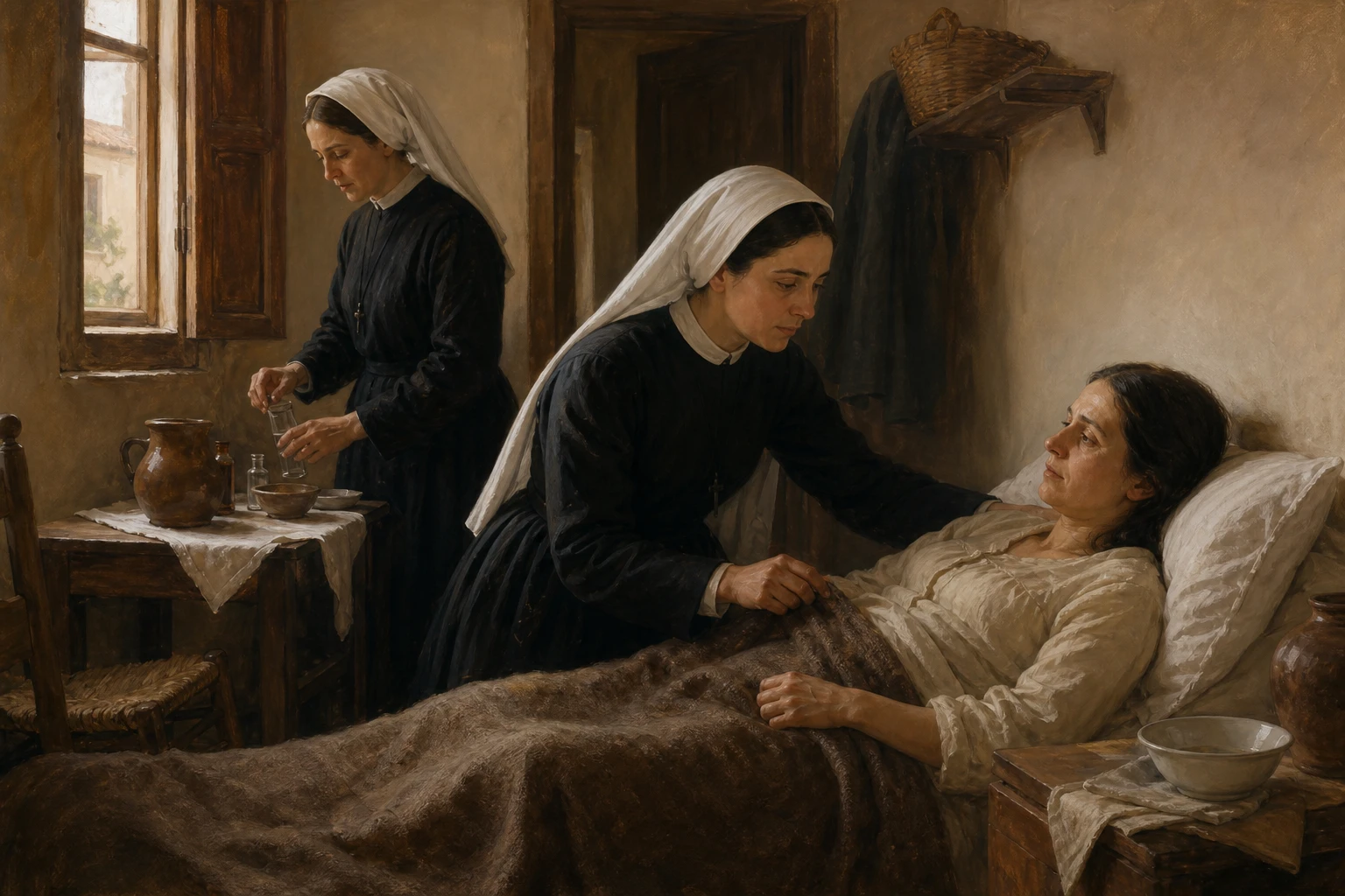 Santa María Soledad Torres Acosta cuida a una enferma en una casa humilde mientras otra hermana prepara remedios.