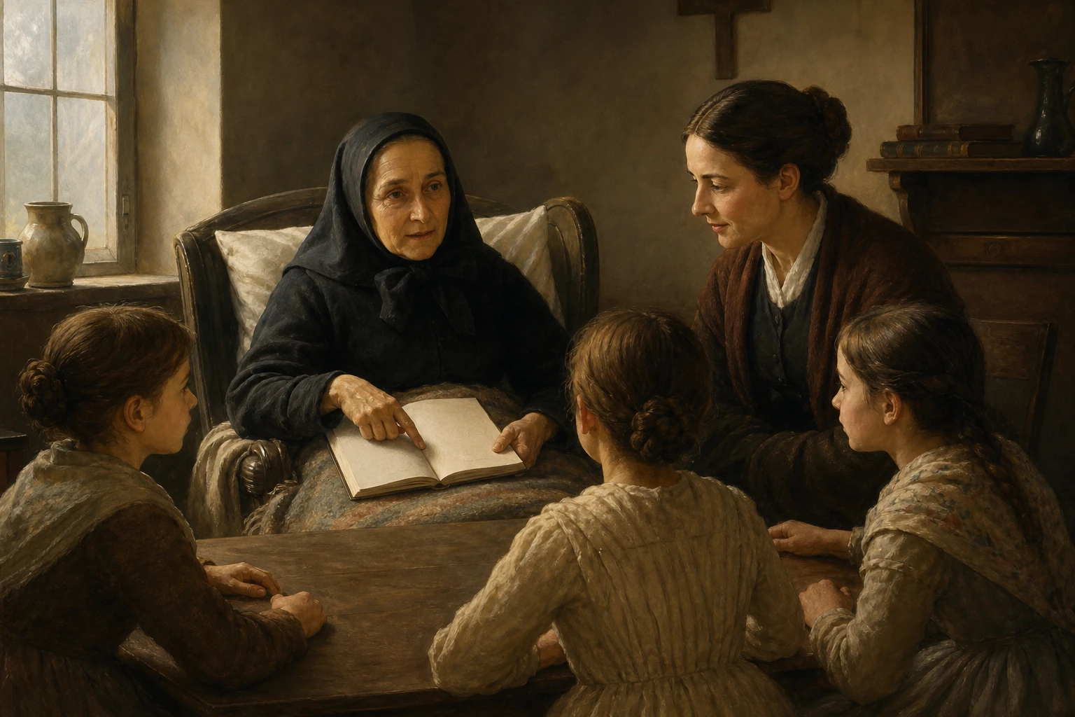 Santa Julia Billiart enseña a varias niñas desde un sillón, acompañada por Françoise Blin de Bourdon.