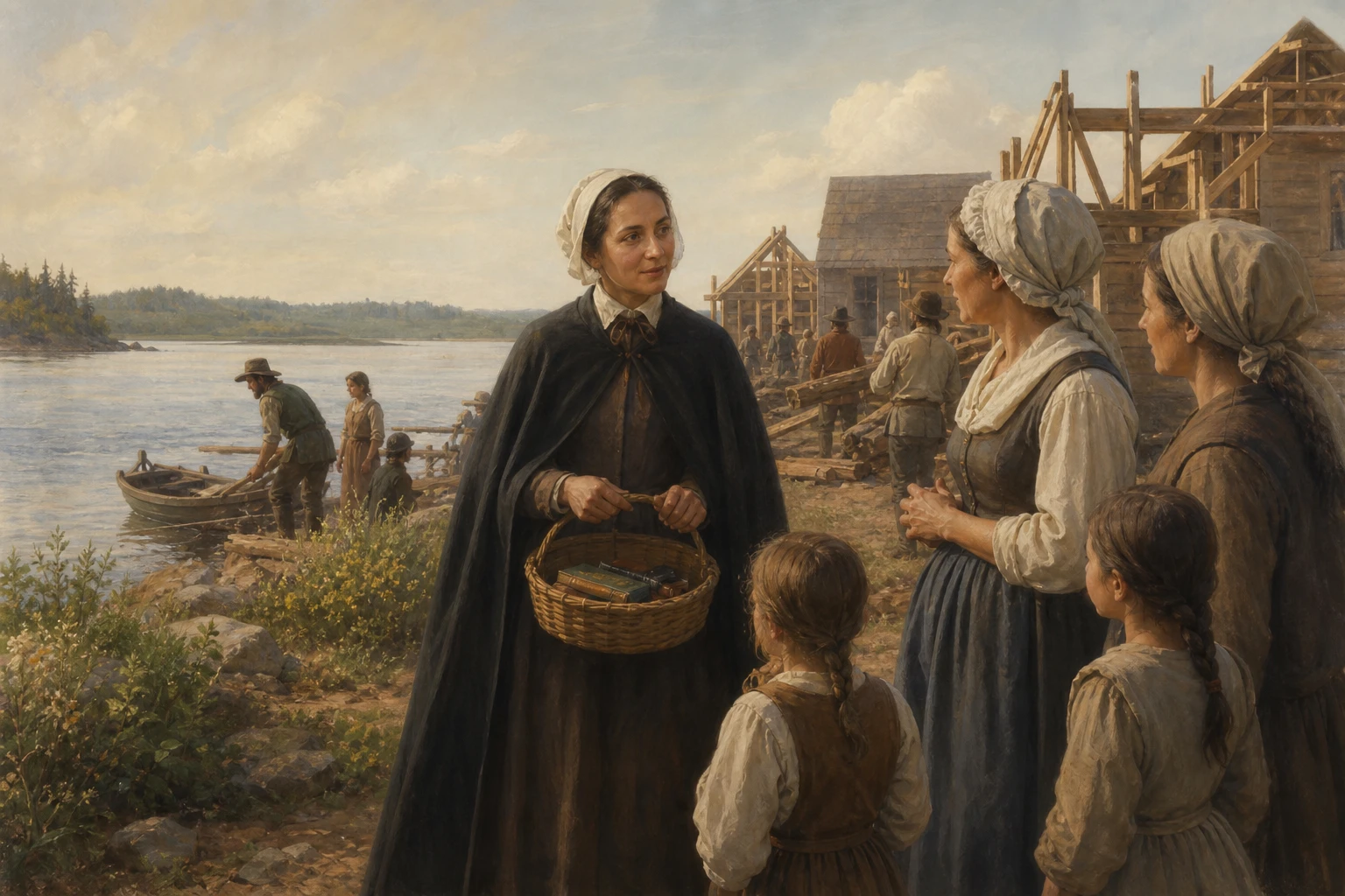 Santa Margarita Bourgeoys llega a Montreal y conversa con mujeres y niñas junto al asentamiento en construcción.