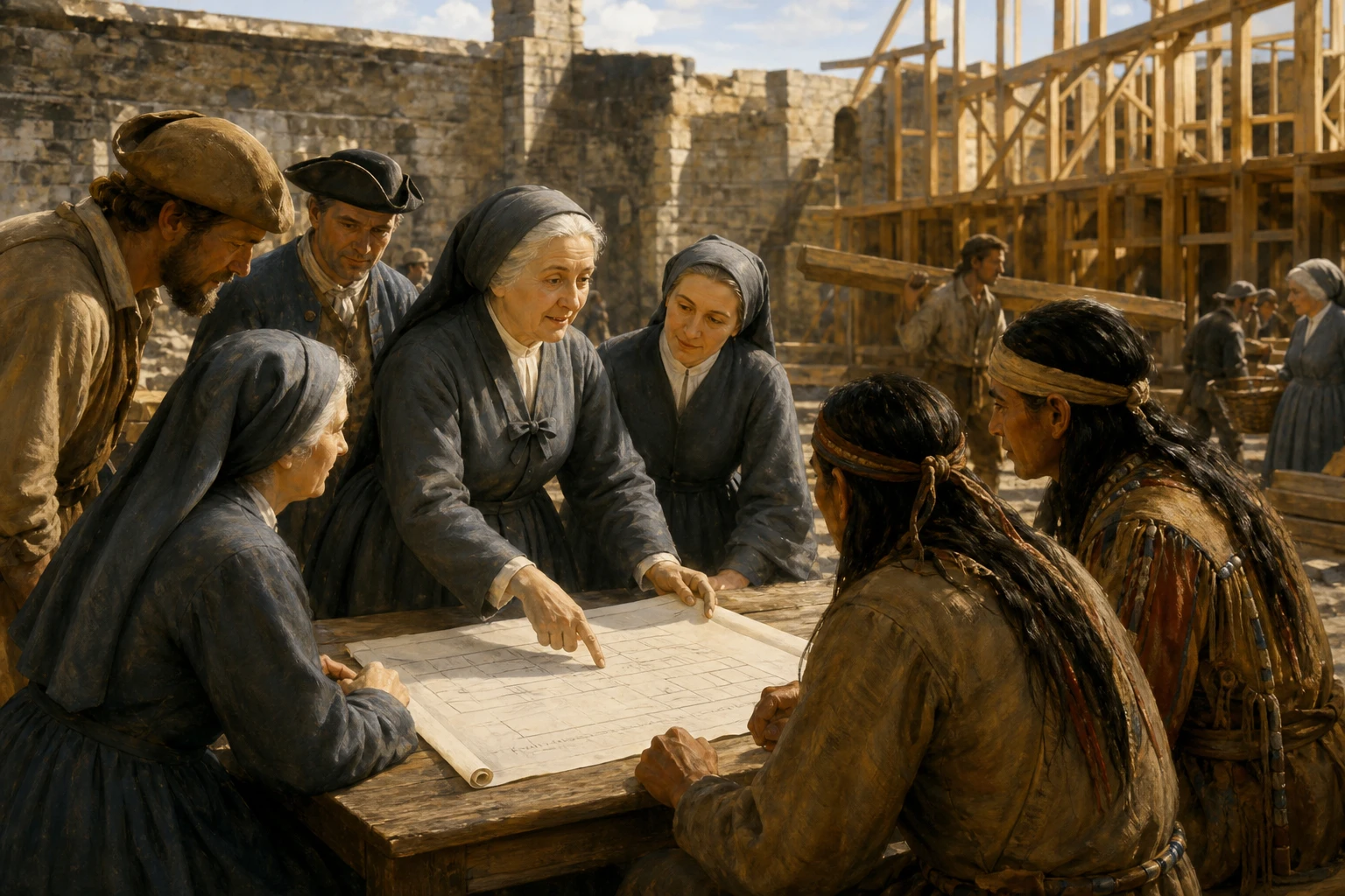 Santa Margarita d’Youville coordina con hermanas y vecinos la reconstrucción del Hospital General de Montreal.
