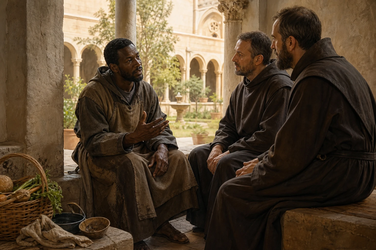 San Benito de Palermo conversa serenamente con dos frailes que han acudido a pedirle consejo en el claustro.