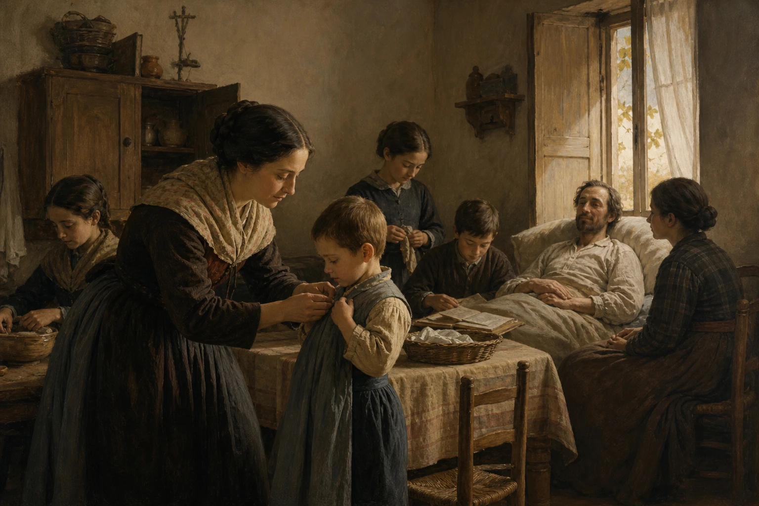 Santa Joaquina de Vedruna ayuda a uno de sus hijos mientras la familia comparte las tareas y cuida al padre enfermo.