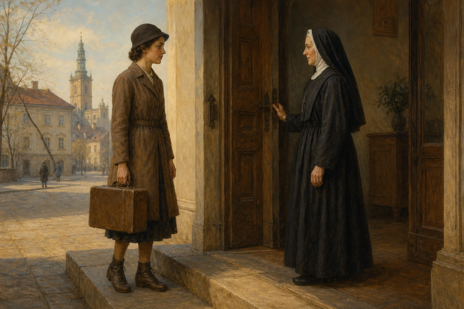 La joven Faustina Kowalska llega con una pequeña maleta a la puerta de un convento en Varsovia.
