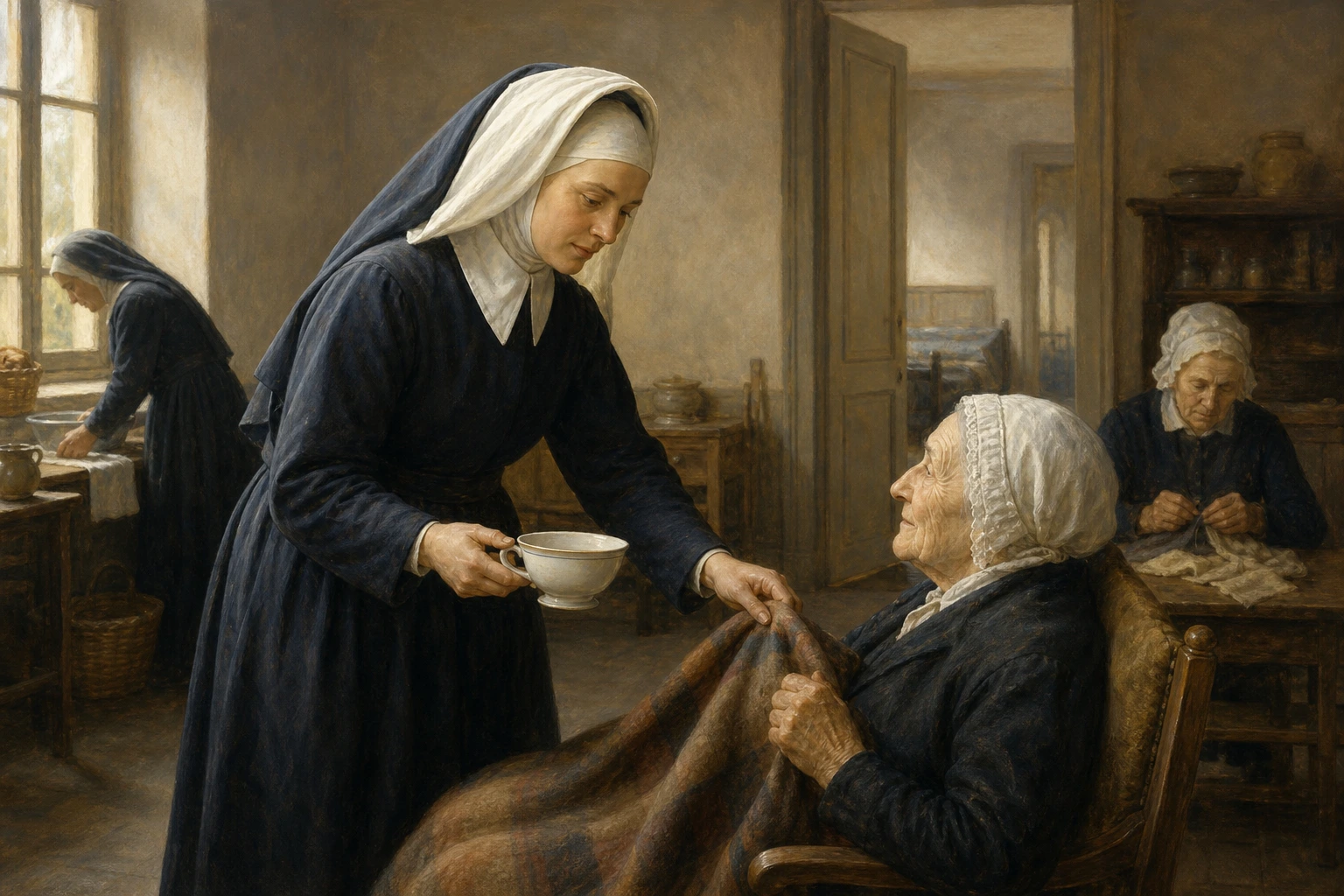 Santa Catalina Labouré sirve una taza y acomoda una manta a una anciana en el hospicio de Reuilly.