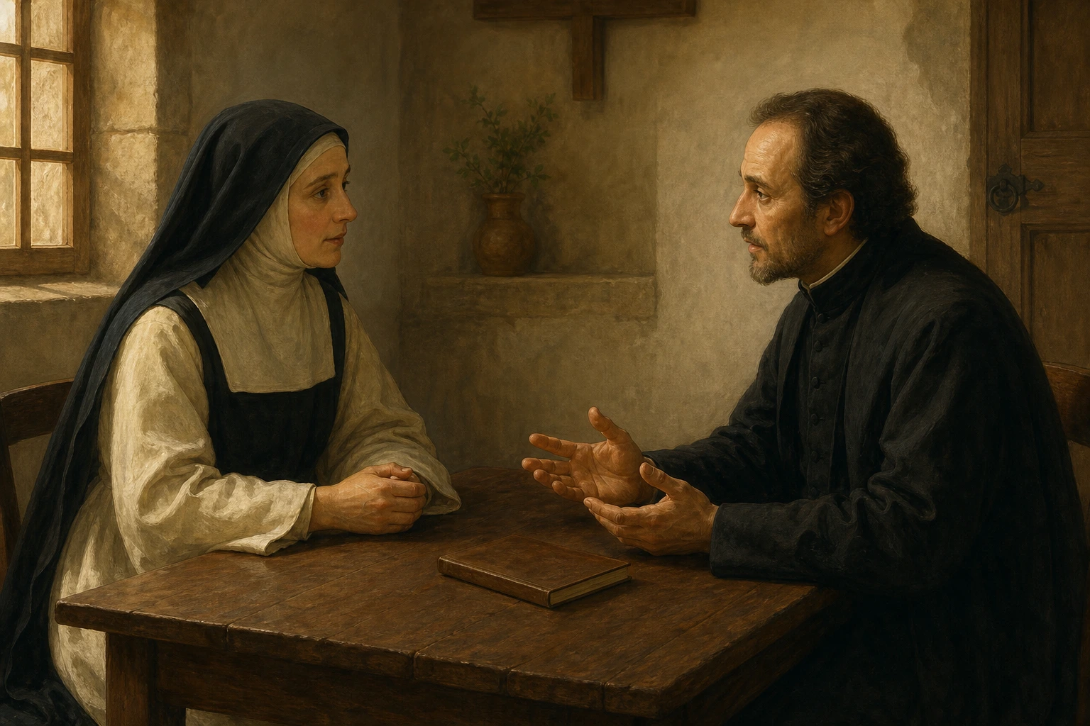 Santa Margarita María de Alacoque conversa con Claudio de la Colombière en un locutorio monástico.