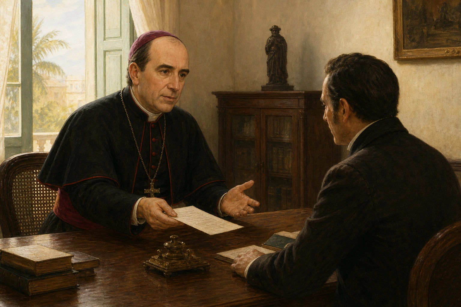 San Antonio María Claret presenta a un funcionario una petición de clemencia para su agresor.