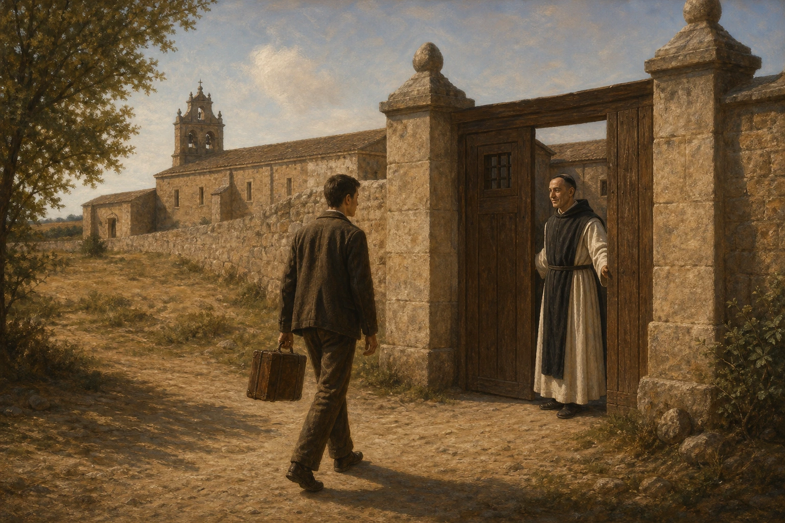 El joven Rafael Arnáiz regresa con una maleta a la puerta de la Trapa de San Isidoro de Dueñas.