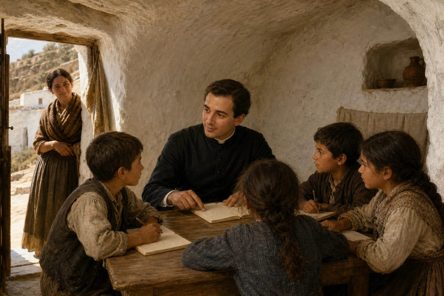 San Pedro Poveda enseña a varios niños alrededor de una mesa en una cueva-vivienda de Guadix.