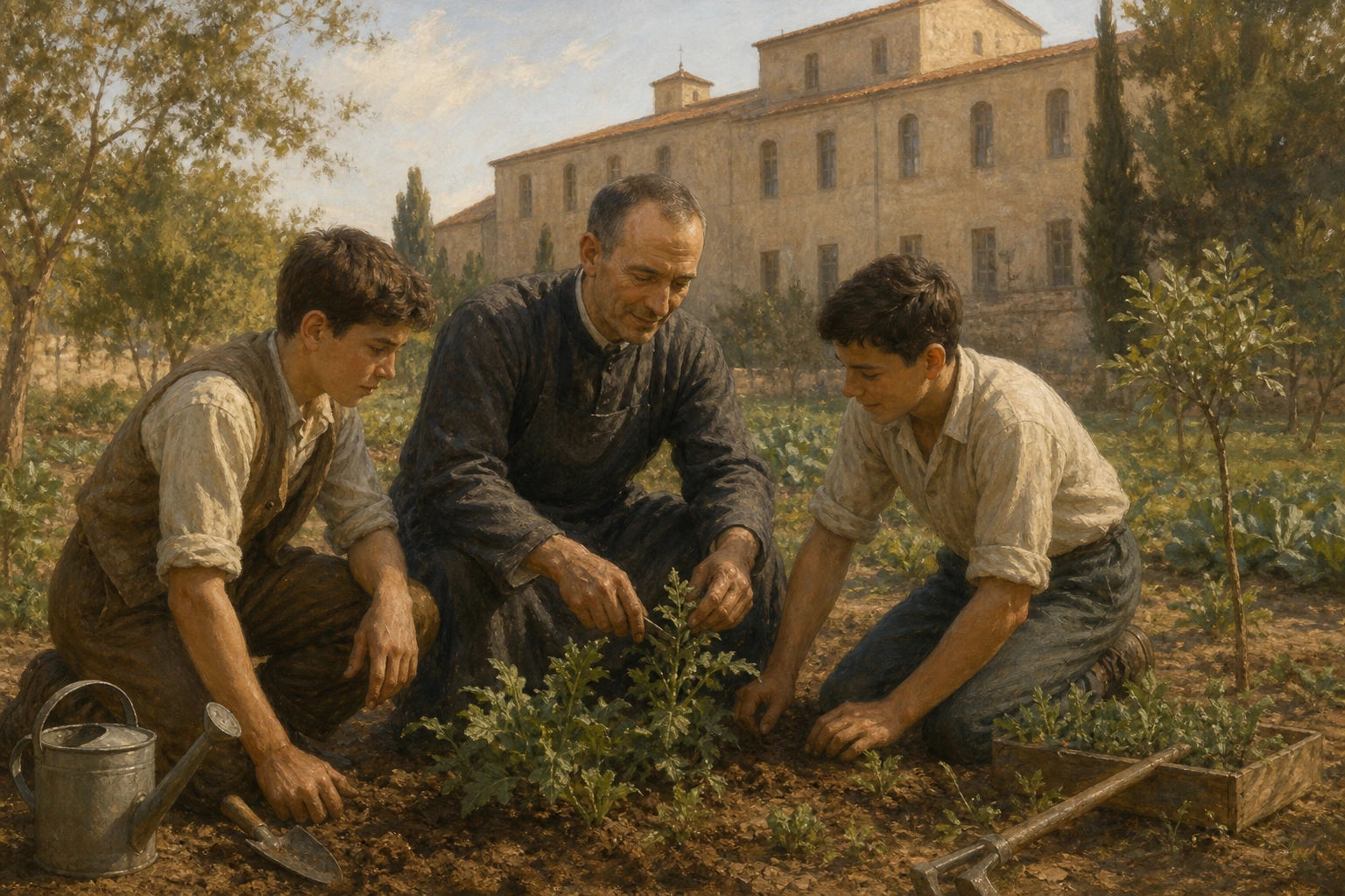 San Jaime Hilario cuida las plantas de un huerto en Cambrils acompañado por dos jóvenes.