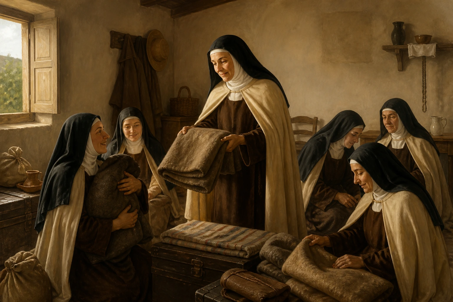 Santa Maravillas de Jesús reparte mantas y cuida a su comunidad carmelita en un refugio sencillo.