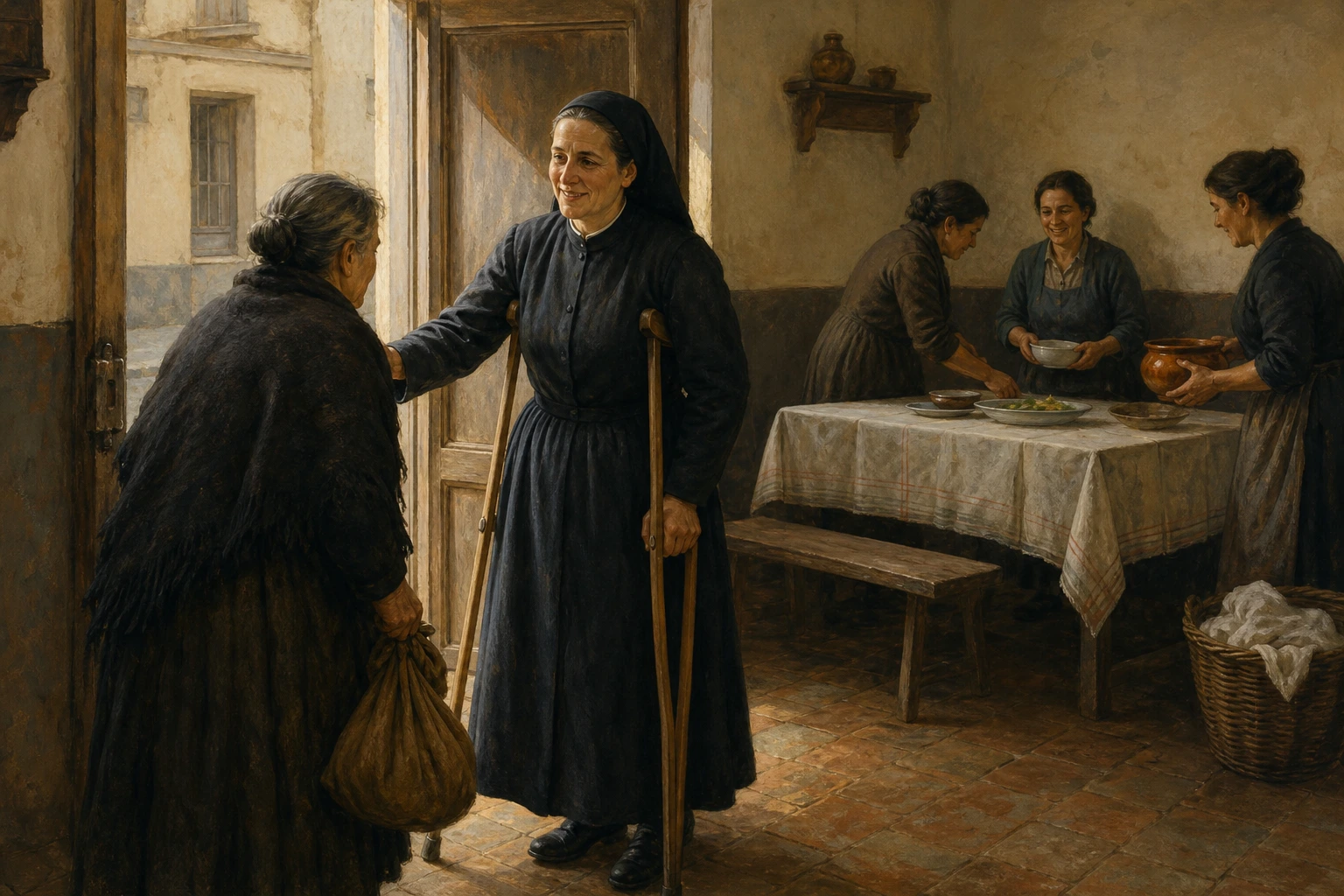 Santa Genoveva Torres recibe con sus muletas a una mujer mayor en un hogar de acogida de Valencia.