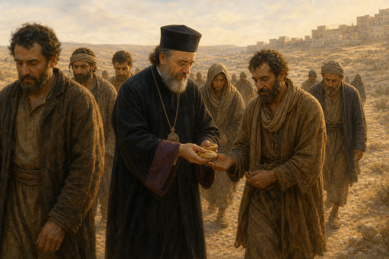 Ignacio Maloyan reparte un pequeño pan como viático entre sus compañeros de camino cerca de Mardin.
