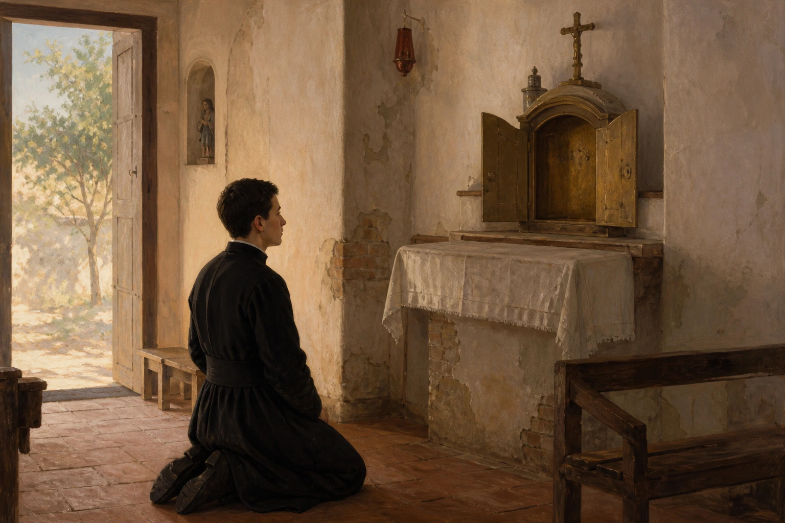 El joven Manuel González permanece de rodillas ante el sagrario de una iglesia rural abandonada.