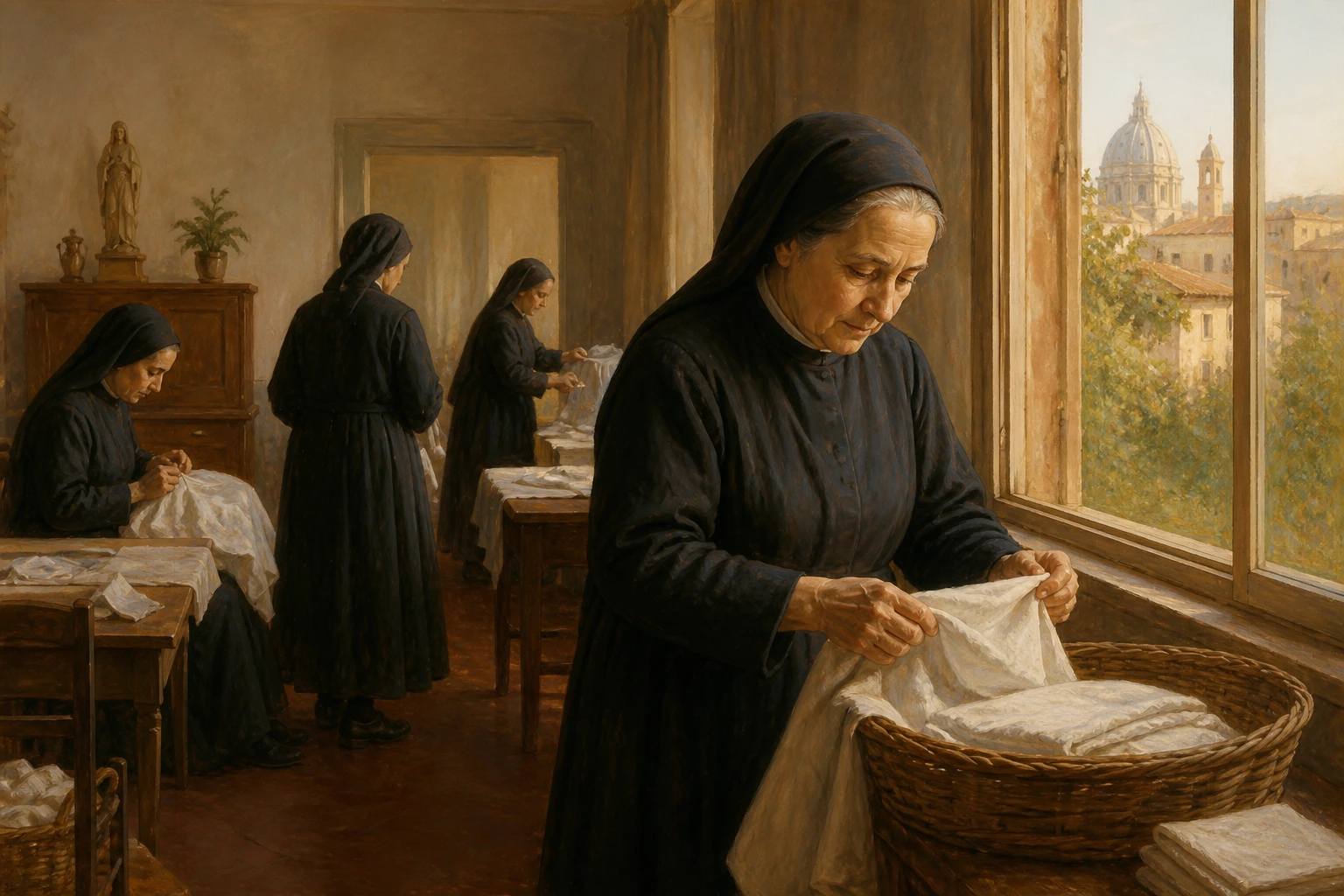Rafaela María realiza una tarea doméstica humilde junto a una ventana de la casa religiosa.
