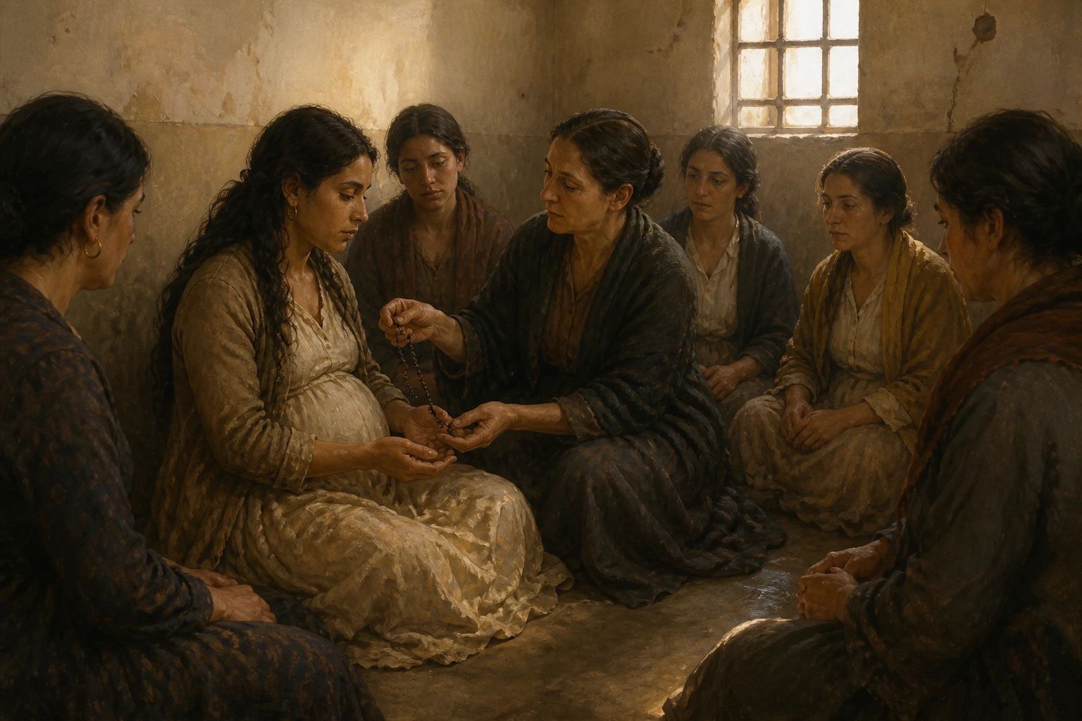 Emilia Fernández aprende a rezar el Rosario de una compañera entre mujeres reunidas en prisión.