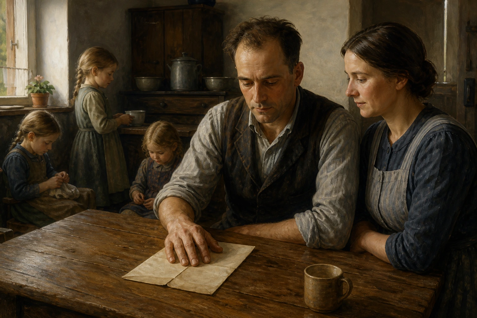 Franz Jägerstätter discierne en silencio ante el aviso militar, acompañado por su esposa y sus tres hijas en la granja familiar.