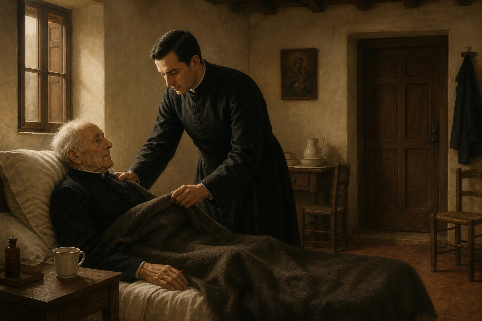 José María Rubio acomoda una manta al sacerdote anciano que cuidó durante sus años de espera.