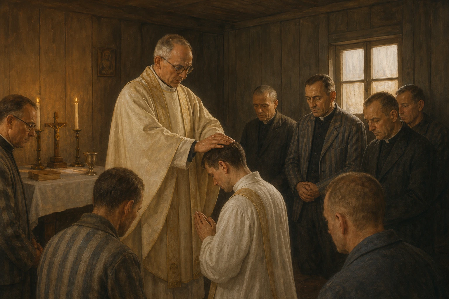 El obispo Gabriel Piguet impone las manos a Karl Leisner en una capilla clandestina de Dachau.