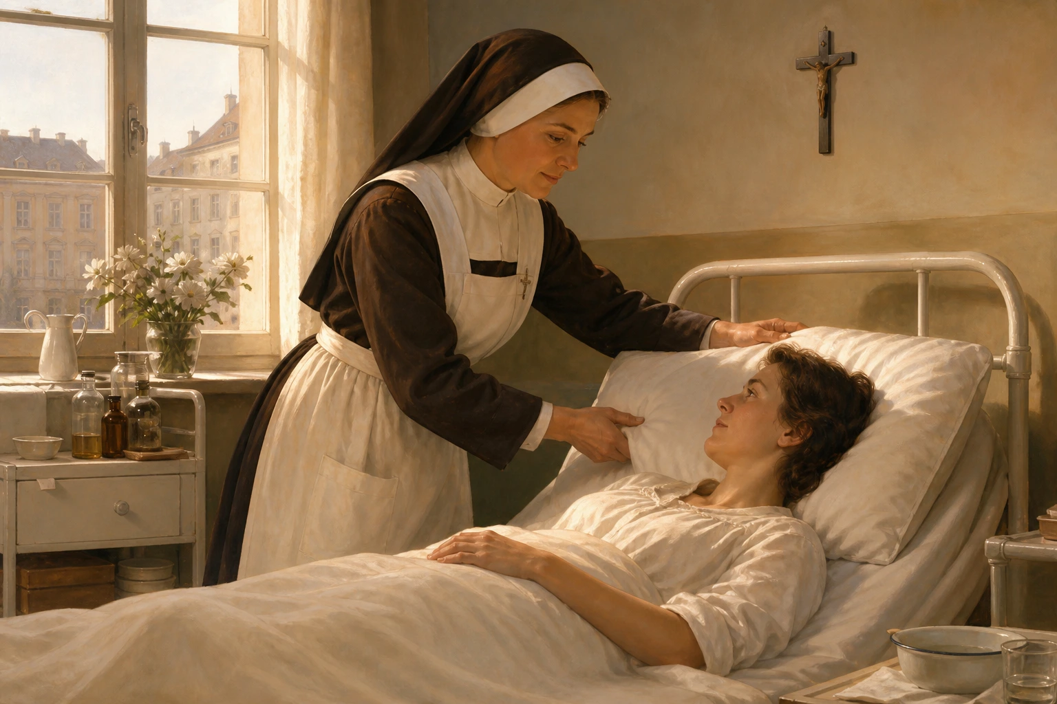 Sor María Restituta Kafka acomoda la almohada de una paciente en un hospital vienés.