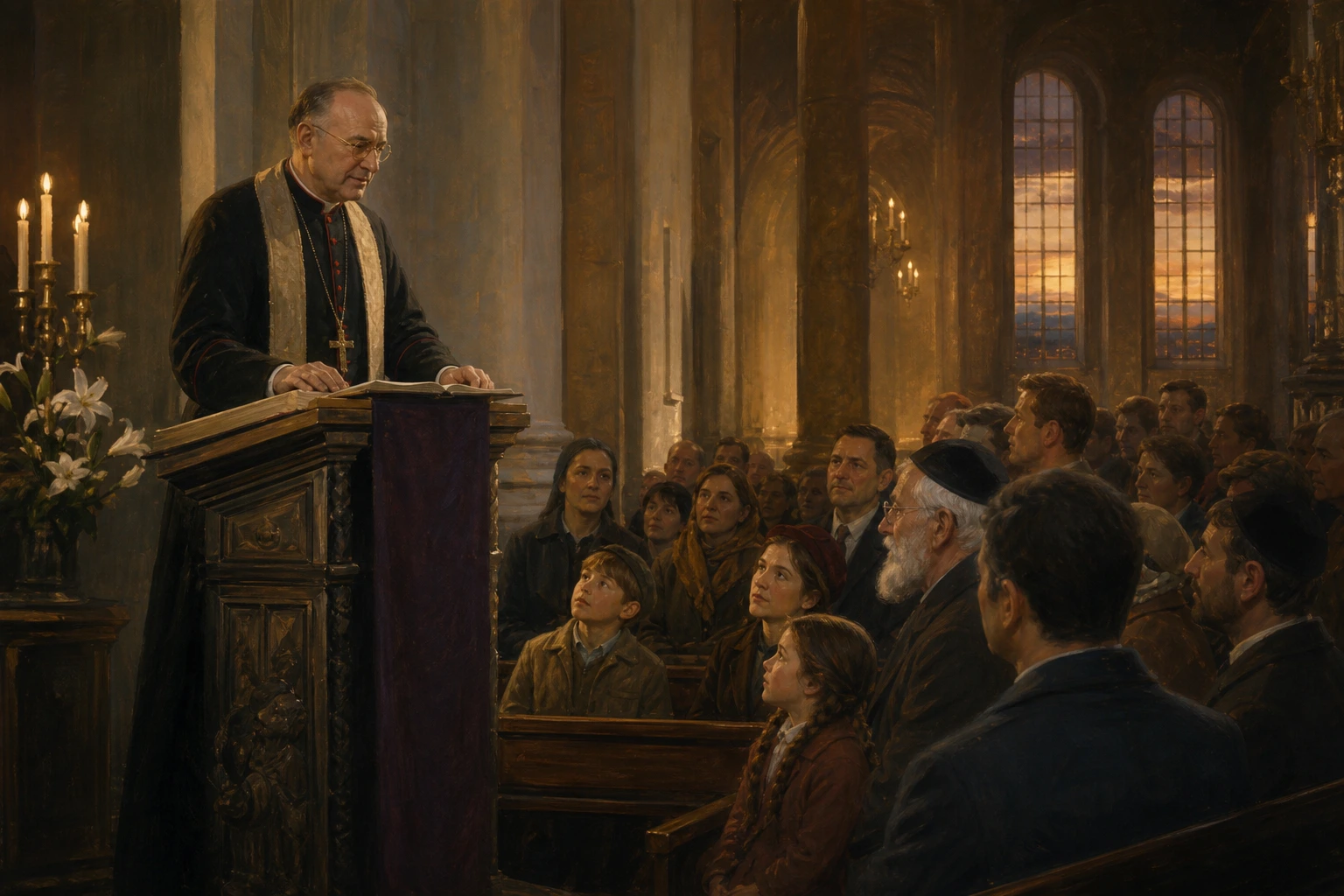 Bernhard Lichtenberg ora públicamente ante una comunidad reunida en Santa Eduvigis de Berlín.