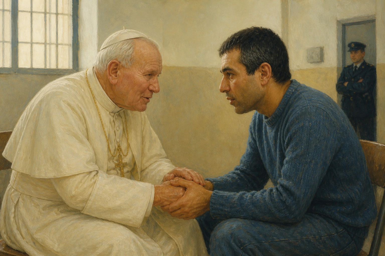 Juan Pablo II sostiene las manos de Mehmet Ali Ağca durante su conversación privada en la prisión de Rebibbia.