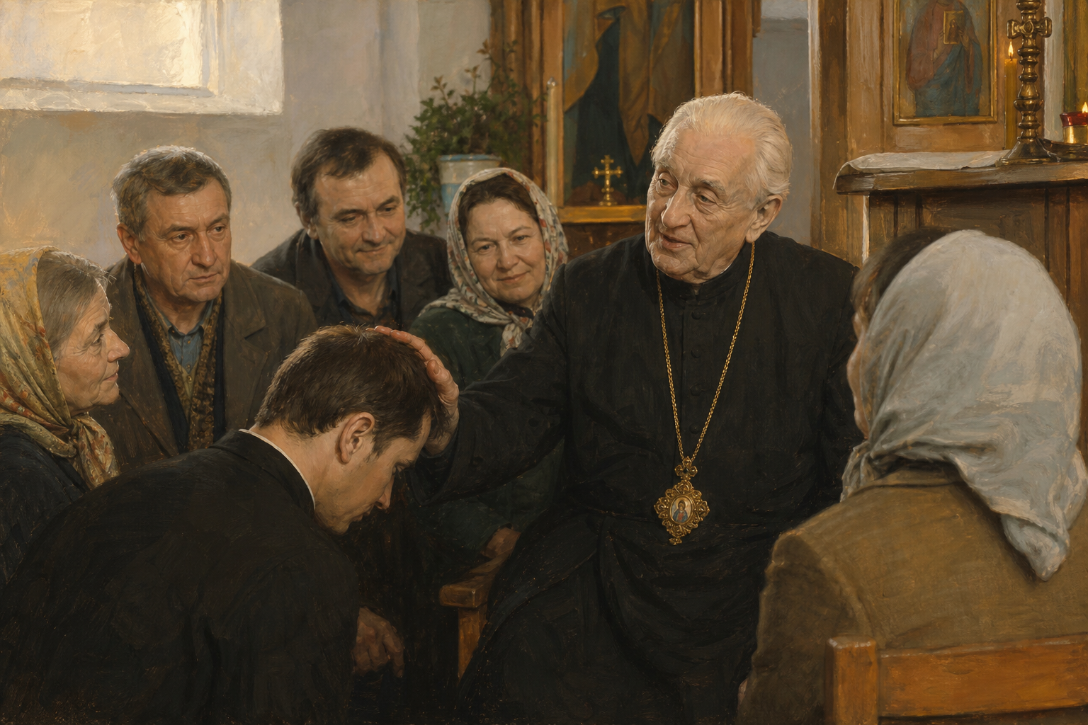 Vasiľ Hopko acompaña a los fieles y bendice a un sacerdote en una iglesia reabierta de Prešov.