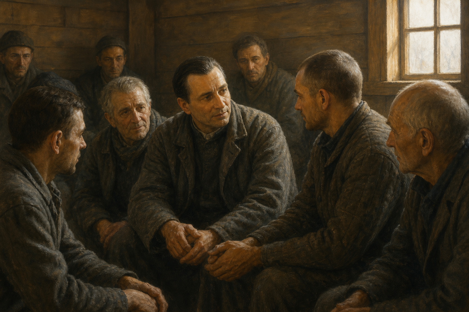 Omelian Kovch escucha y consuela a otros prisioneros en un barracón de Majdanek.