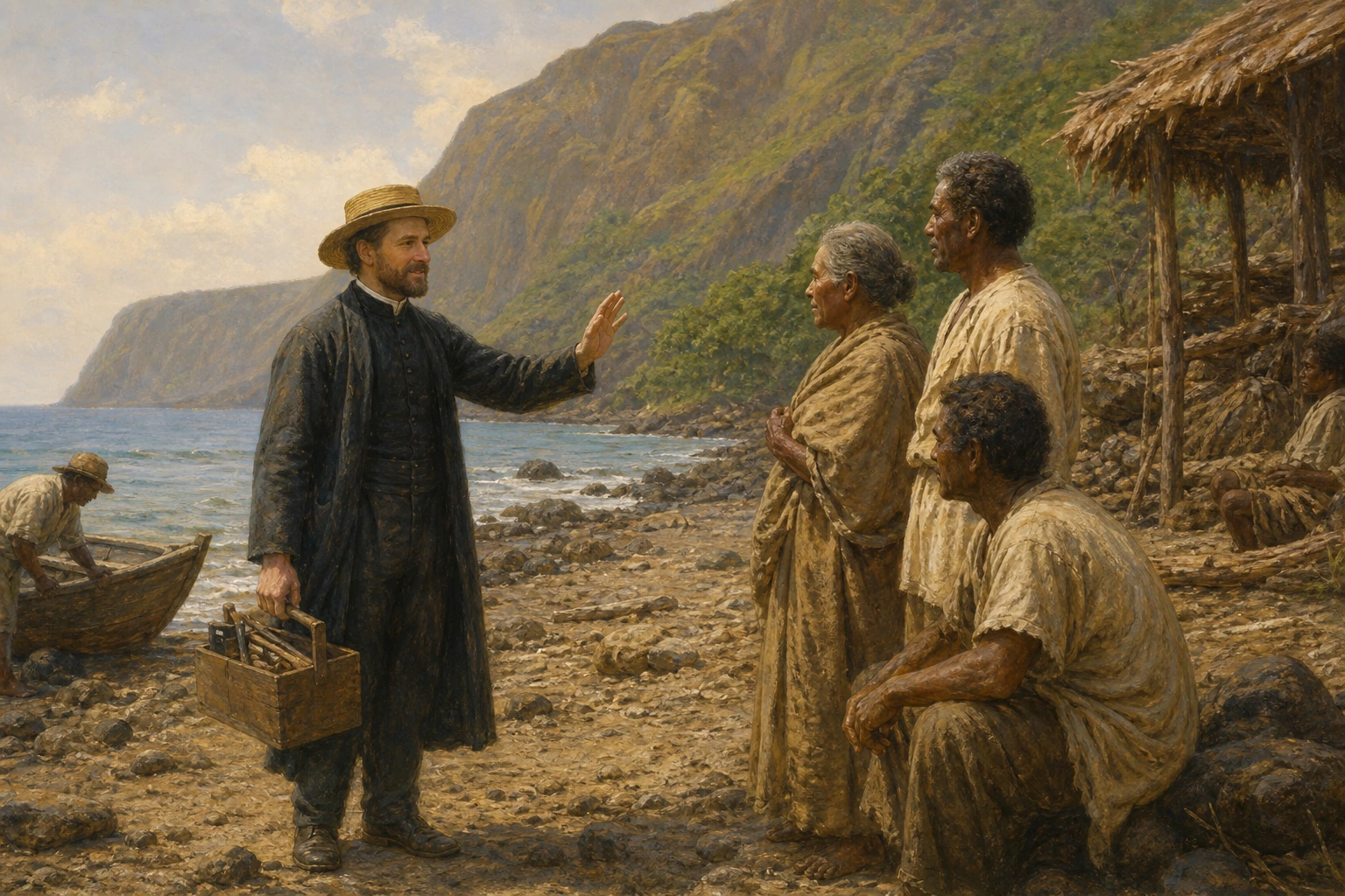 Damián de Molokai llega con una caja de herramientas y saluda a los residentes de Kalaupapa.