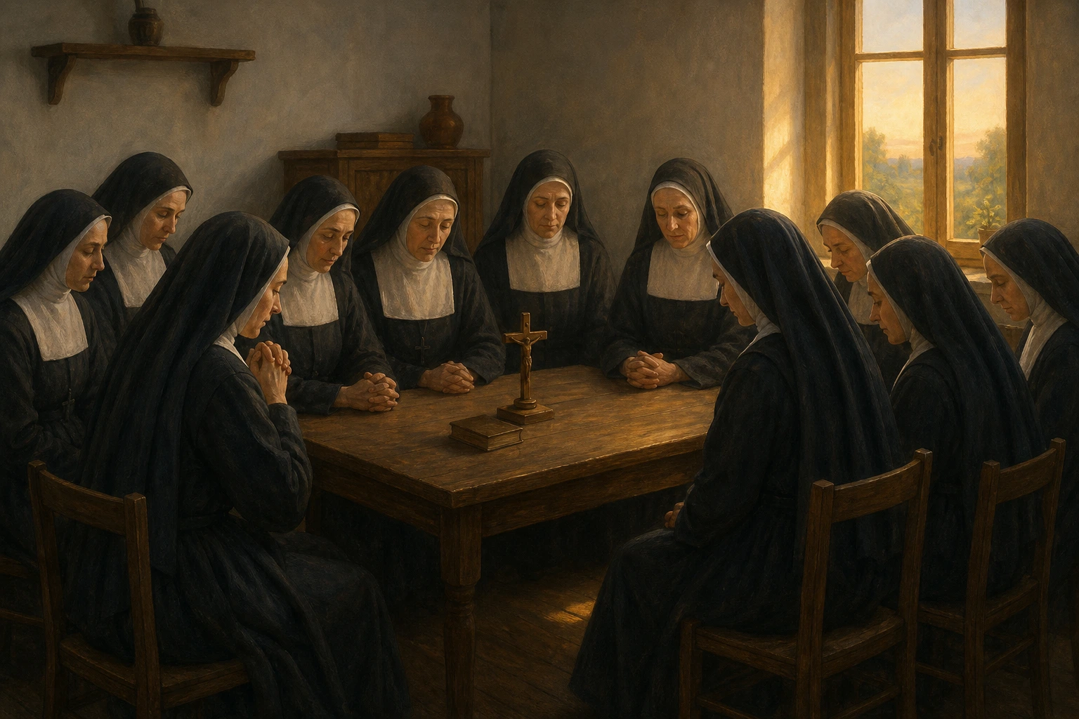 María Stella y sus diez compañeras permanecen unidas en oración alrededor de una mesa durante su última noche en Nowogródek.
