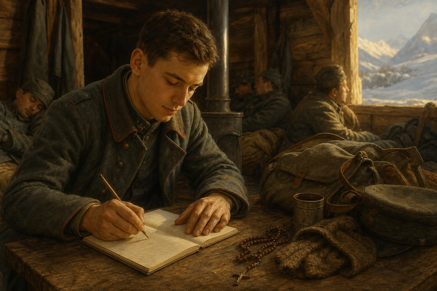 El joven soldado Iván Merz escribe serenamente en su diario dentro de un refugio del frente italiano en 1918.