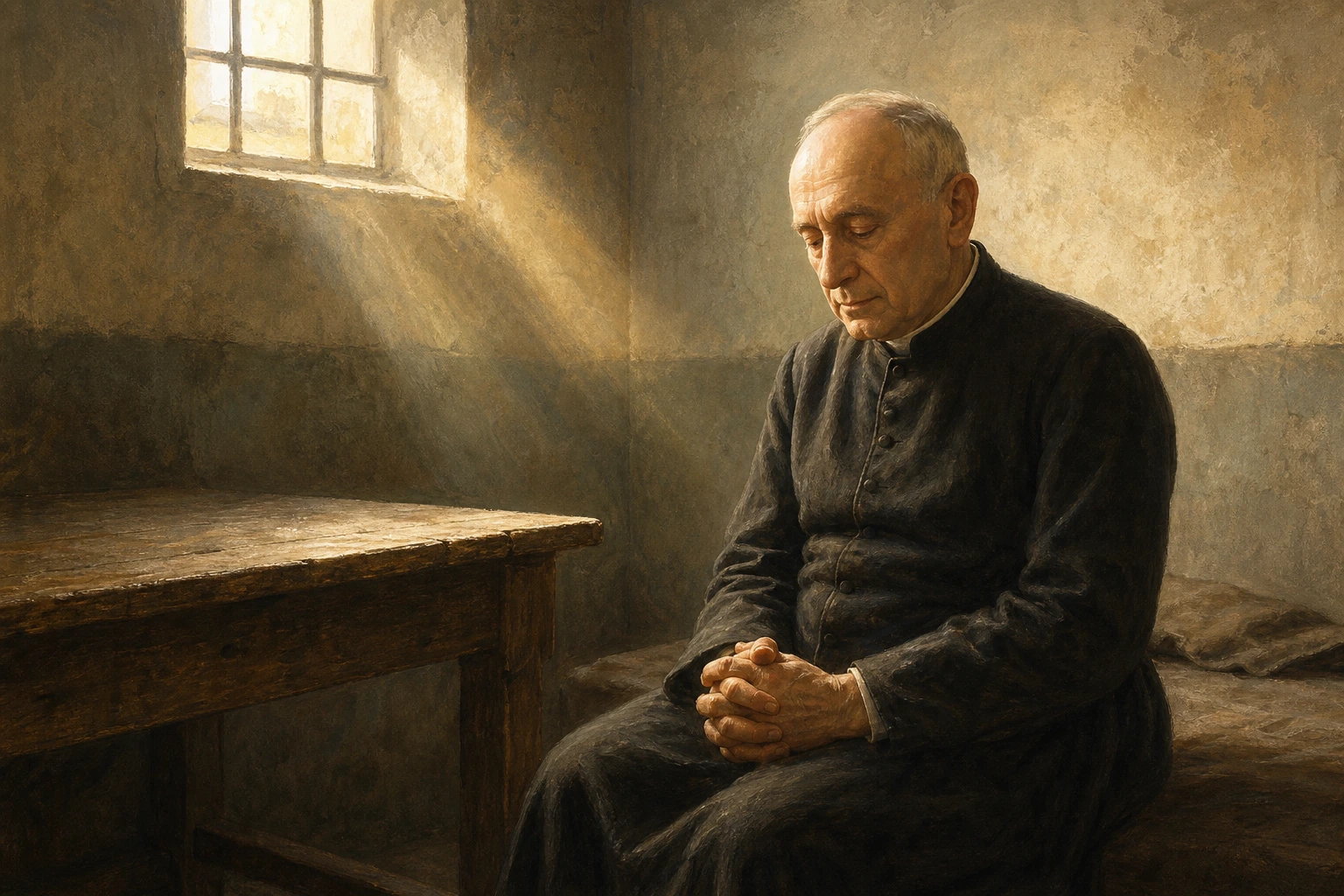 József Mindszenty permanece recogido y sereno junto a la ventana alta de una celda de prisión húngara.