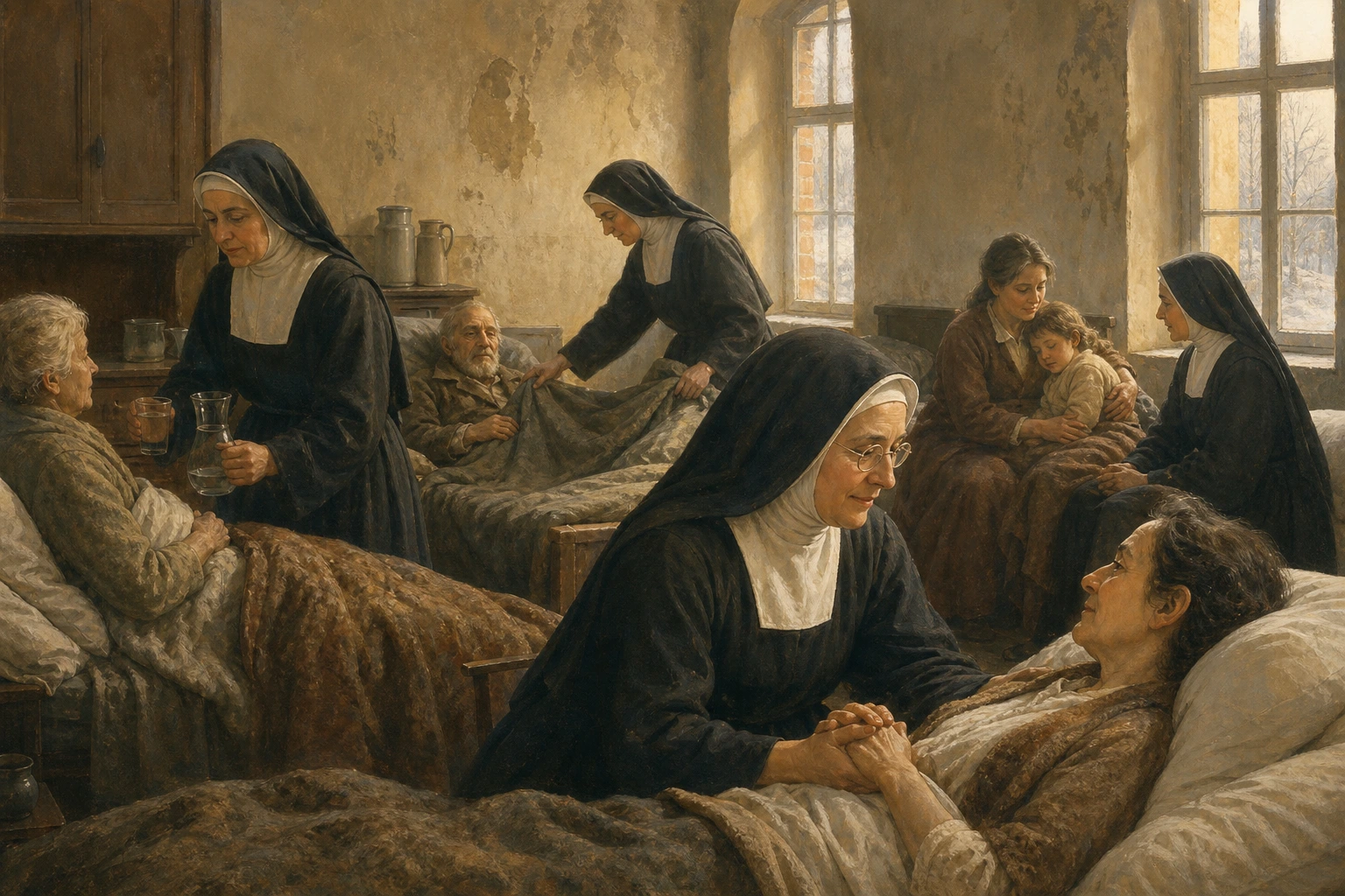 Christophora Klomfass y varias religiosas atienden con agua, mantas y compañía a civiles enfermos en una enfermería de 1945.