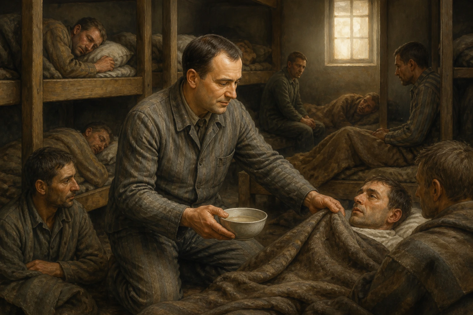 Richard Henkes ofrece agua y acomoda una manta a enfermos de tifus en el barracón 17 de Dachau.