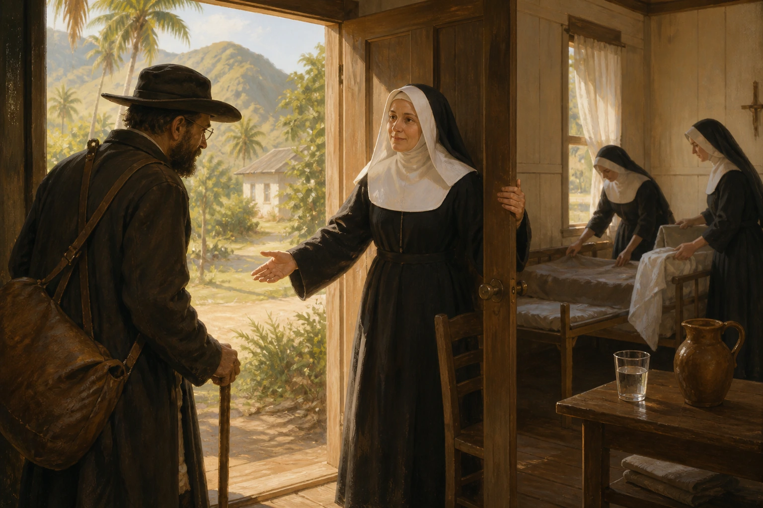 Marianne Cope abre la puerta de una casa hospitalaria para recibir a Damián en Kalaupapa.