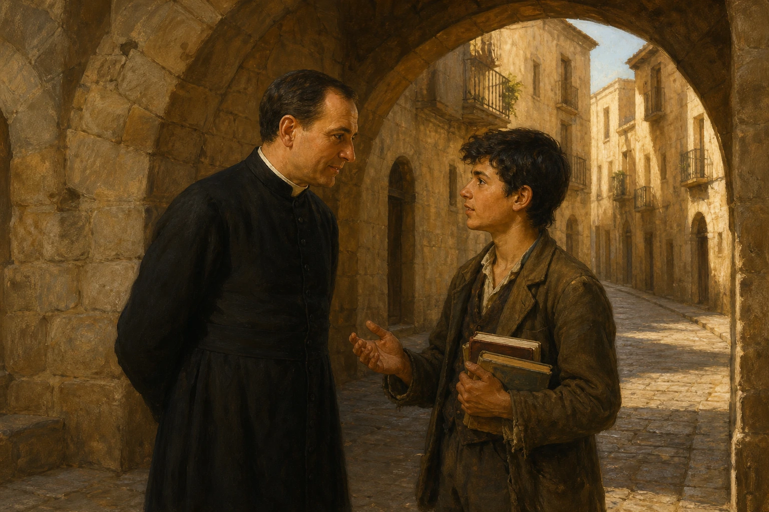 Manuel Domingo y Sol escucha al seminarista Ramón Valero bajo el Arco del Romeu.
