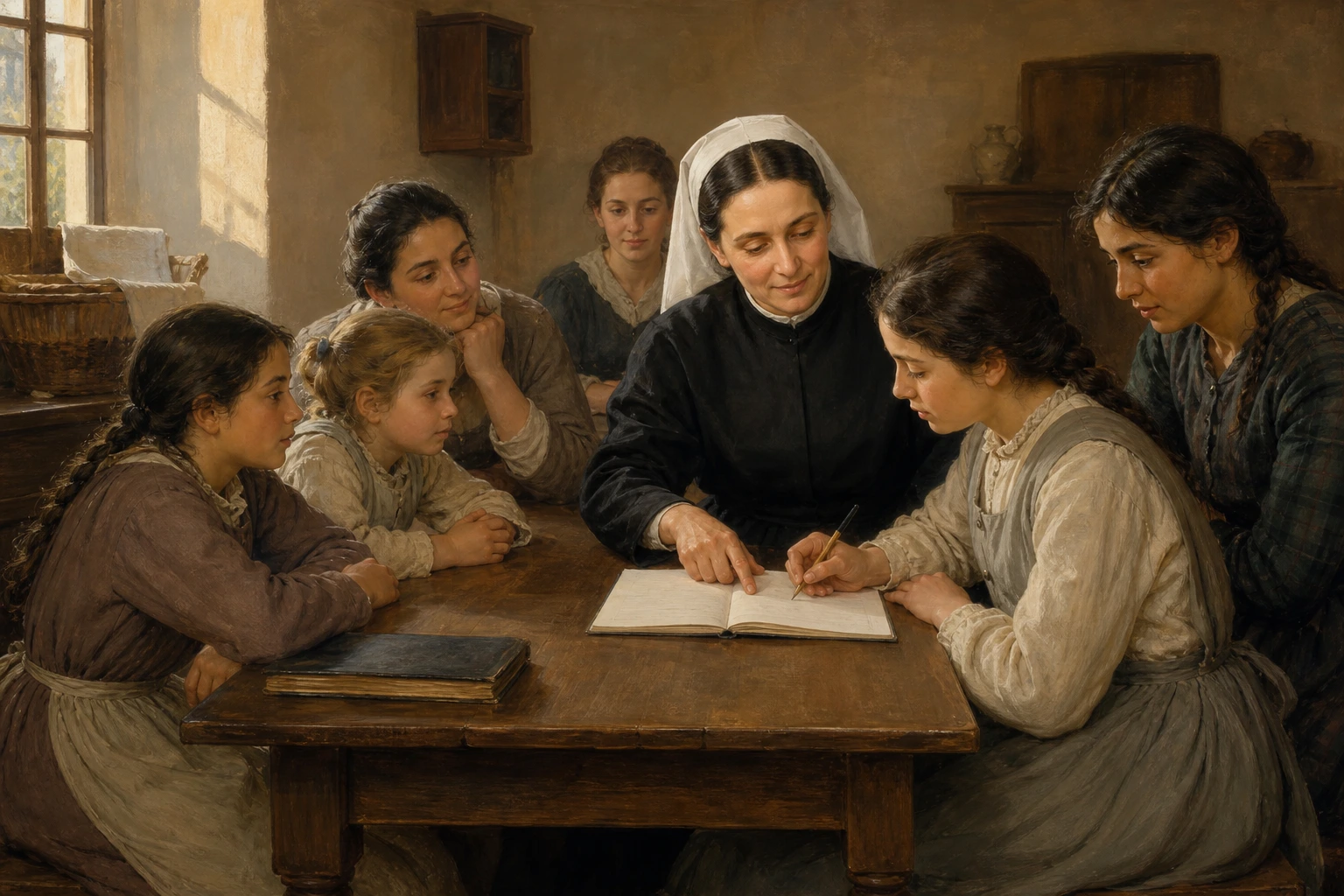 Cándida María enseña a escribir a niñas y jóvenes en una escuela humilde de Salamanca.