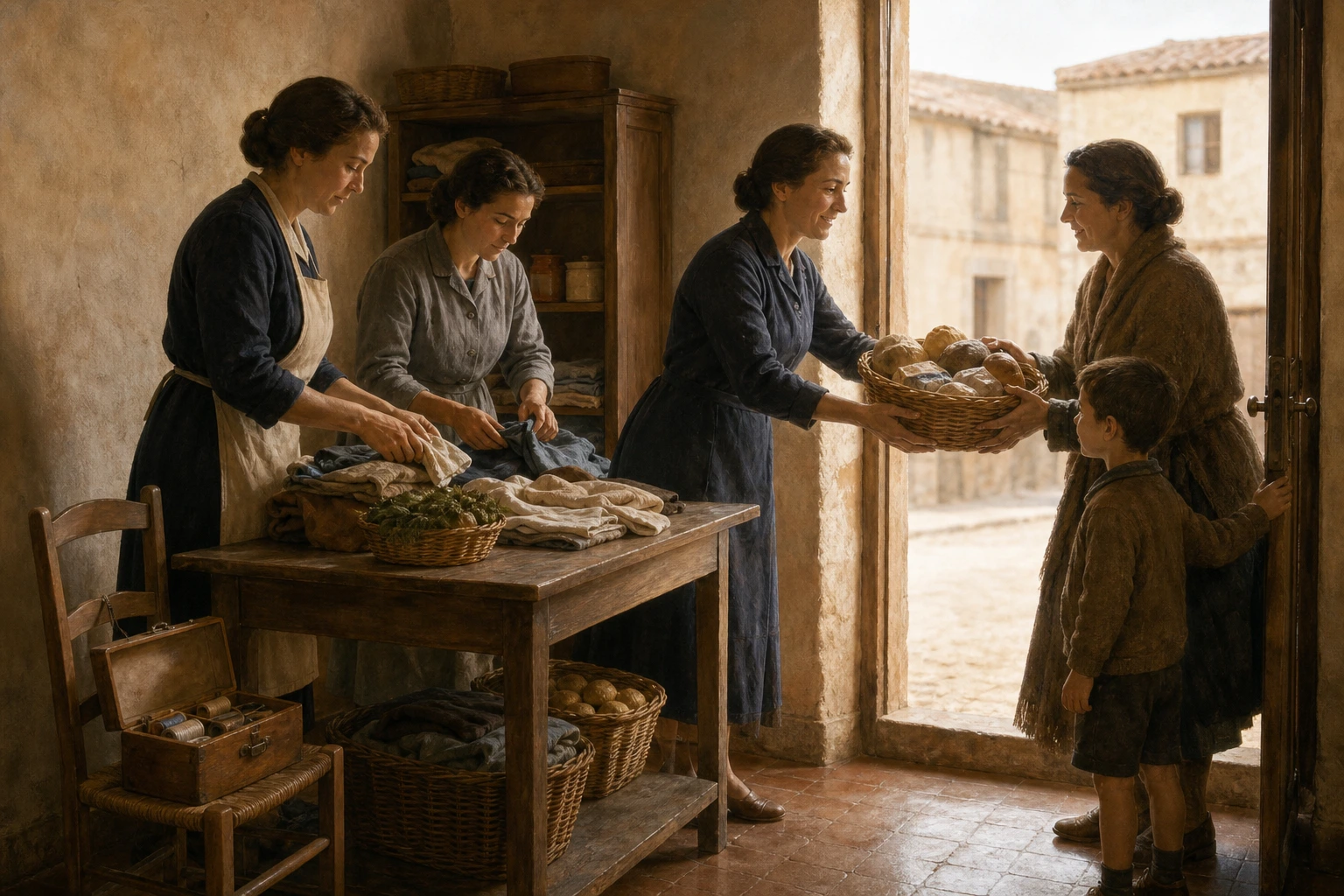 Tres mujeres continúan la obra de María Pilar entregando ayuda a una madre y su hijo.