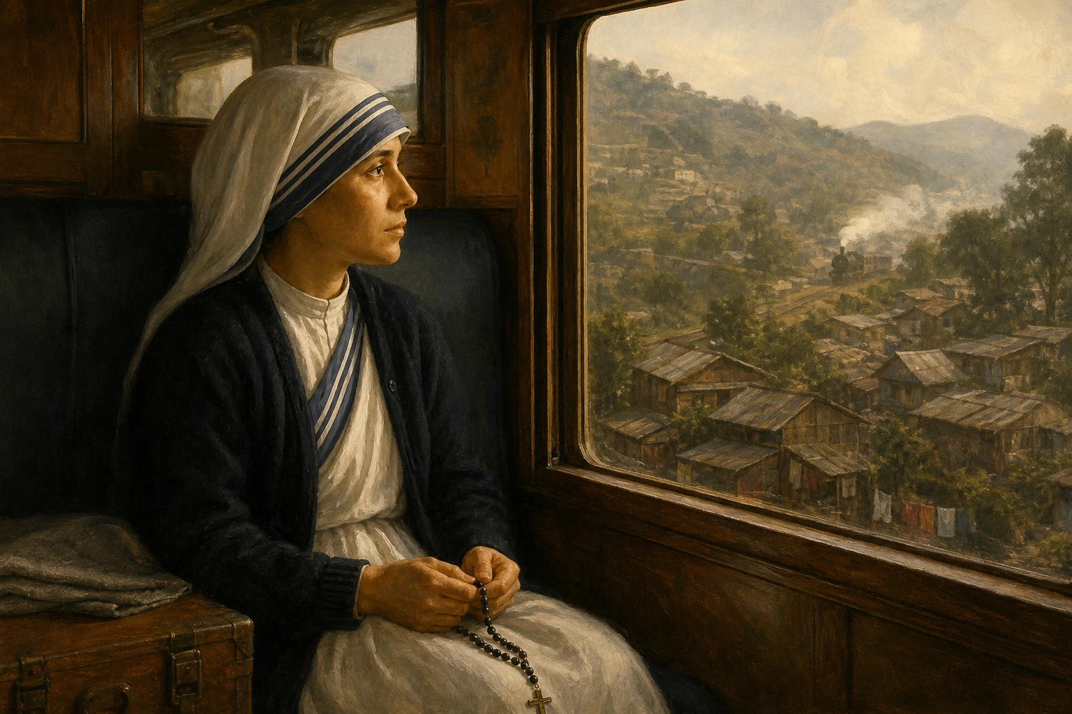 Santa Teresa de Calcuta contempla en silencio los barrios pobres desde un tren hacia Darjeeling.