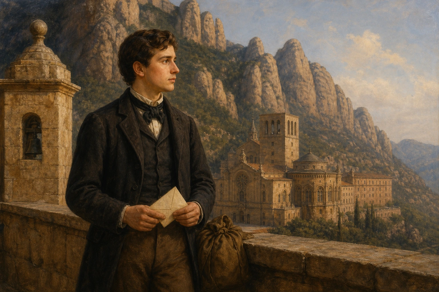 El joven Enrique de Ossó sostiene una carta ante el monasterio y las montañas de Montserrat.
