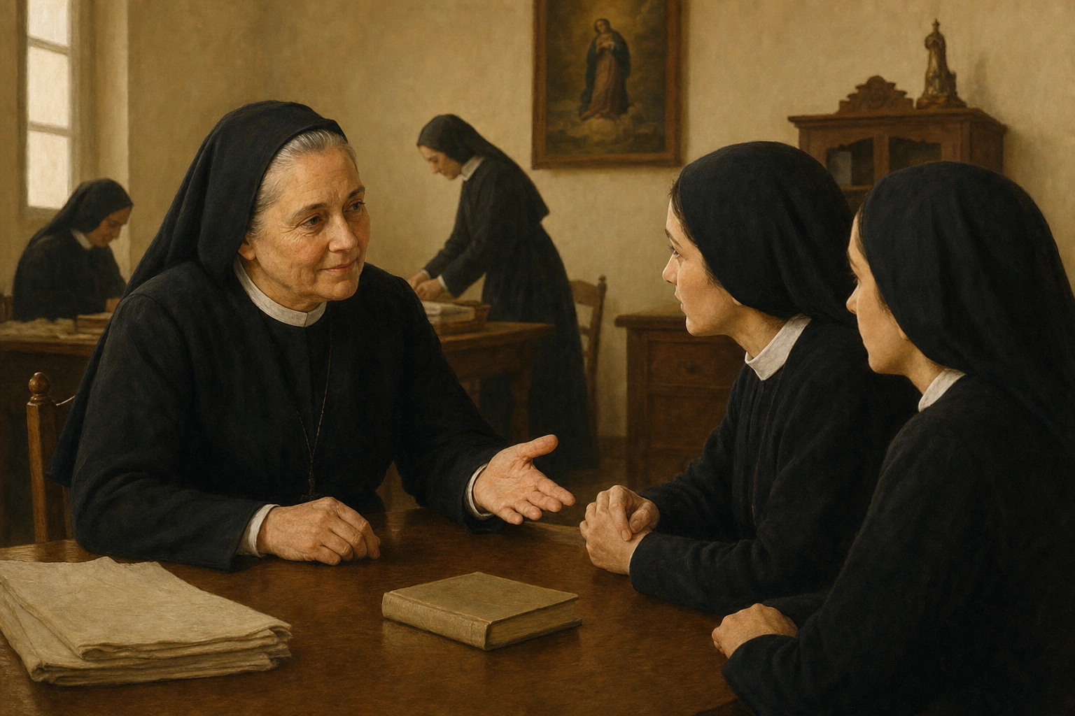 María de la Purísima escucha con paciencia a dos hermanas jóvenes en una sala de la comunidad.