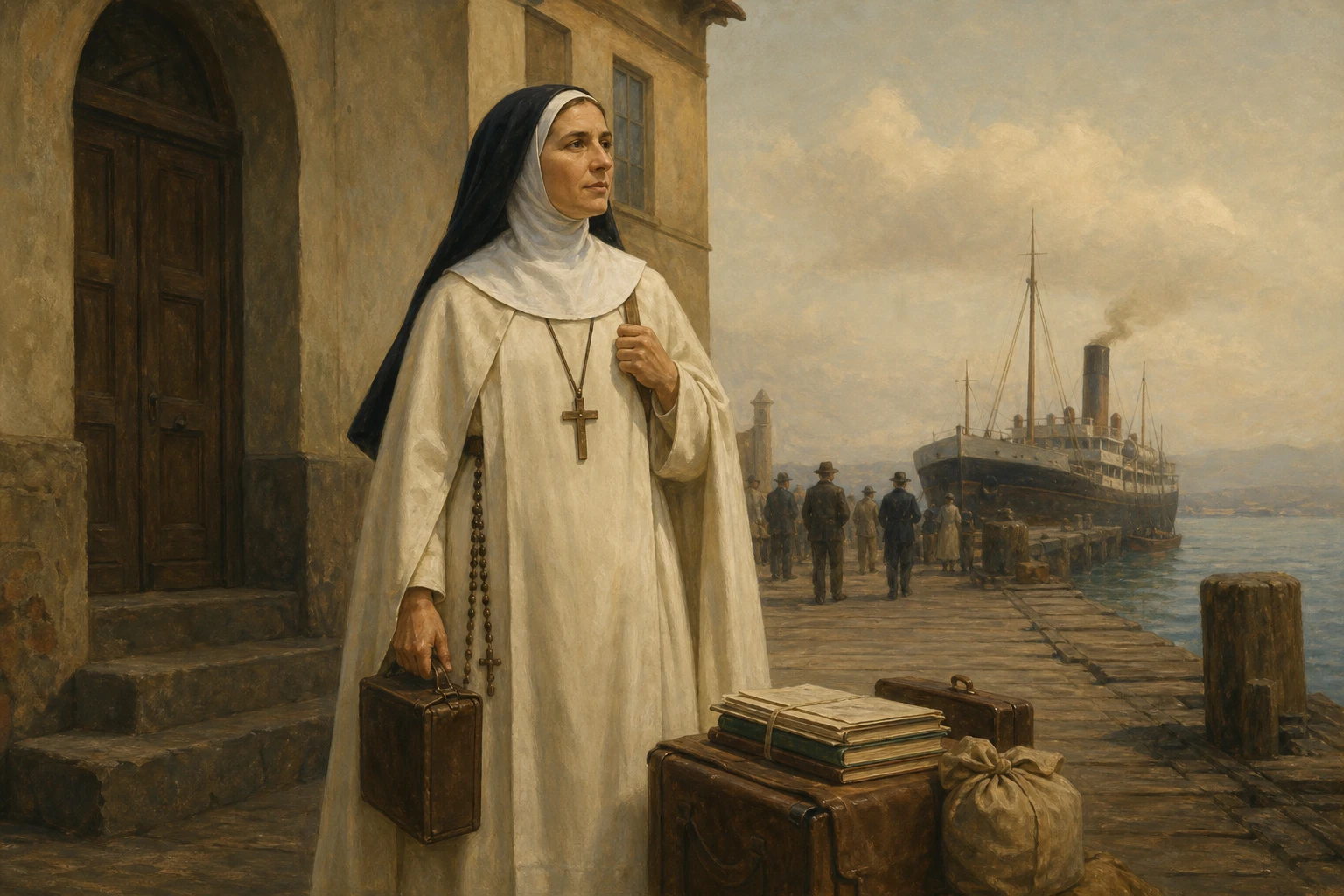 La beata Ascensión del Corazón de Jesús espera en un muelle junto a su equipaje y material escolar antes de partir hacia Perú.