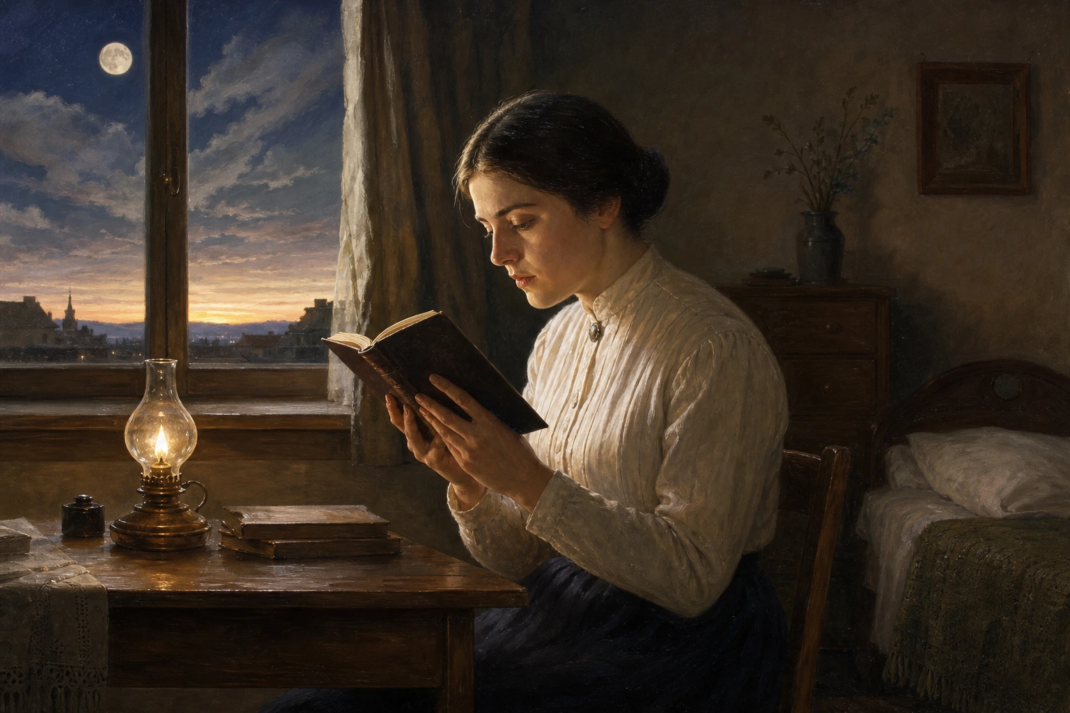 Edith Stein lee absorta un libro de santa Teresa de Ávila en una habitación silenciosa.