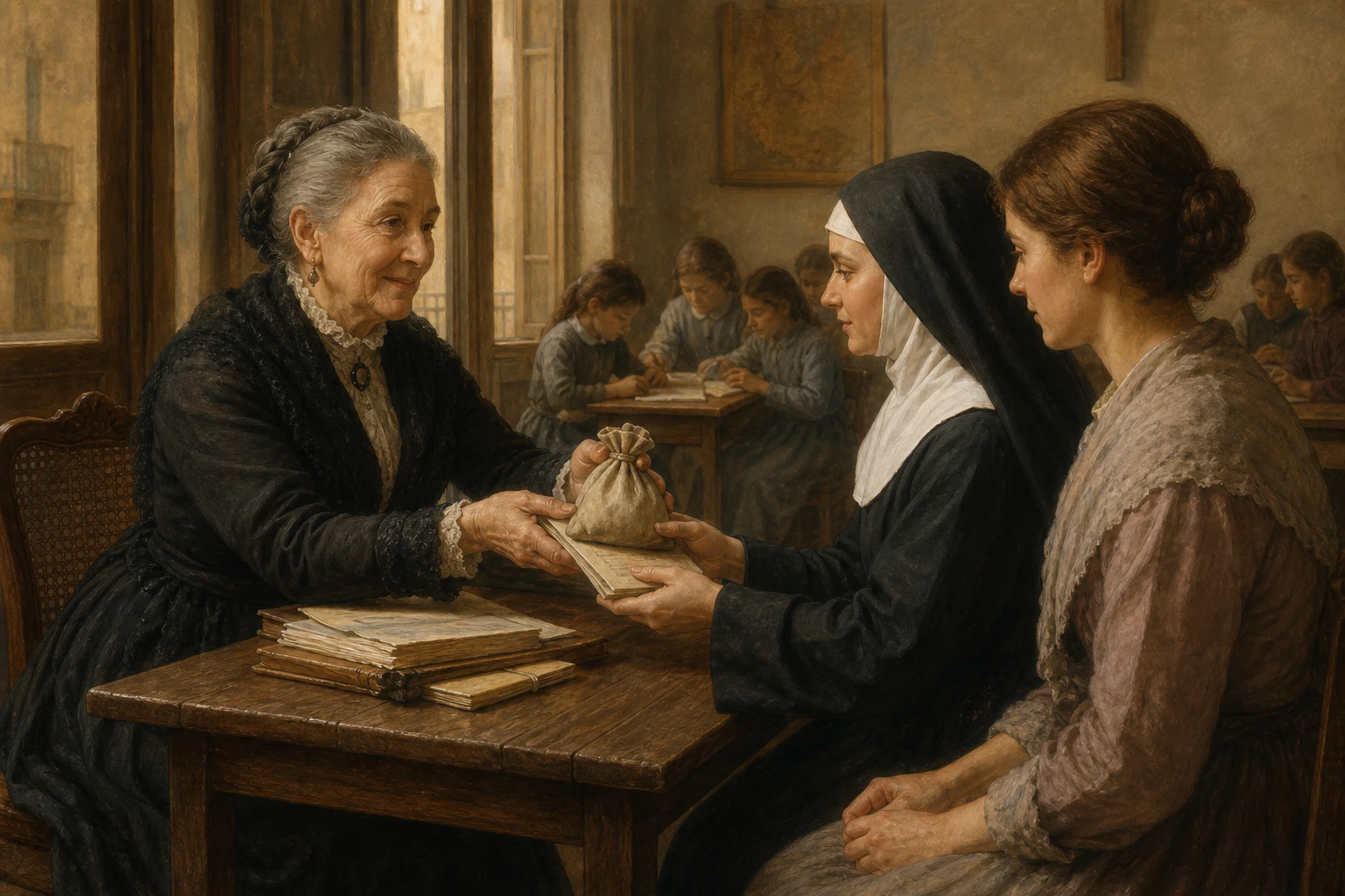 La venerable Dorotea de Chopitea entrega sus ahorros para sostener una escuela de niñas y jóvenes pobres.