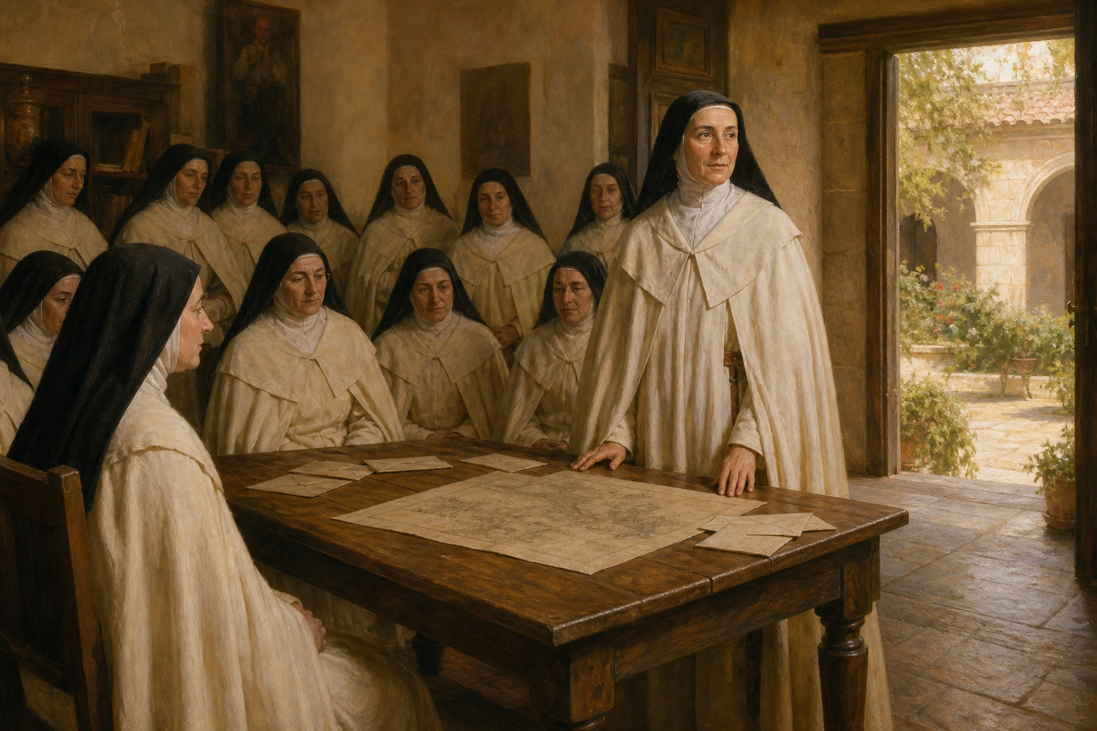 Margarita María López de Maturana y su comunidad deliberan ante cartas y un mapa en el monasterio de Bérriz.