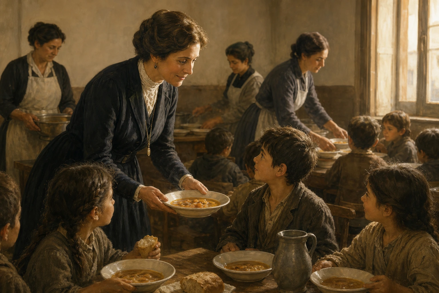 Luce Rodríguez-Casanova sirve una comida caliente a niños pobres en un comedor de Madrid.